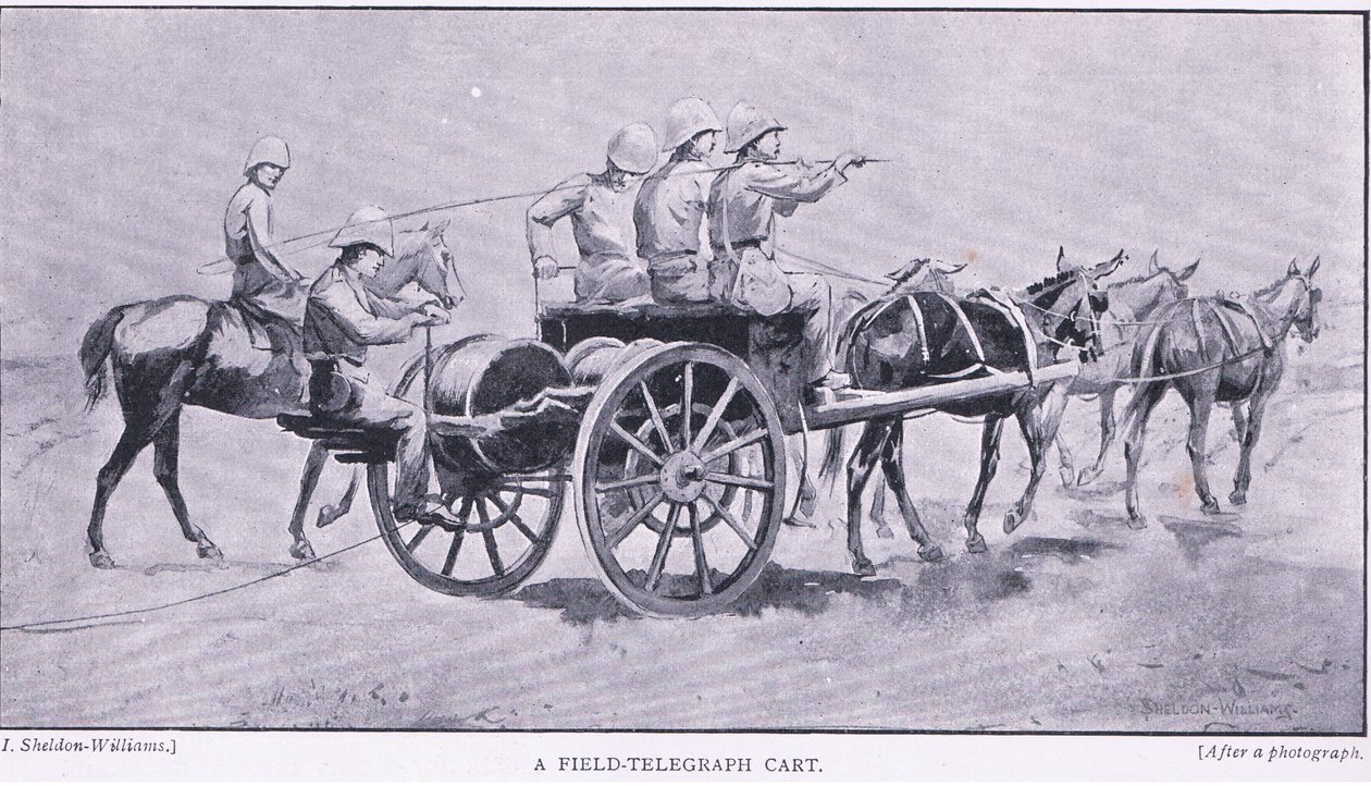 Een veldtelegraafkar, uit Na Pretoria: De Guerrillaoorlog gepubliceerd door Harmsworth Bros Limited, 1901 door Henry Inglis Jodrel Sheldon Williams