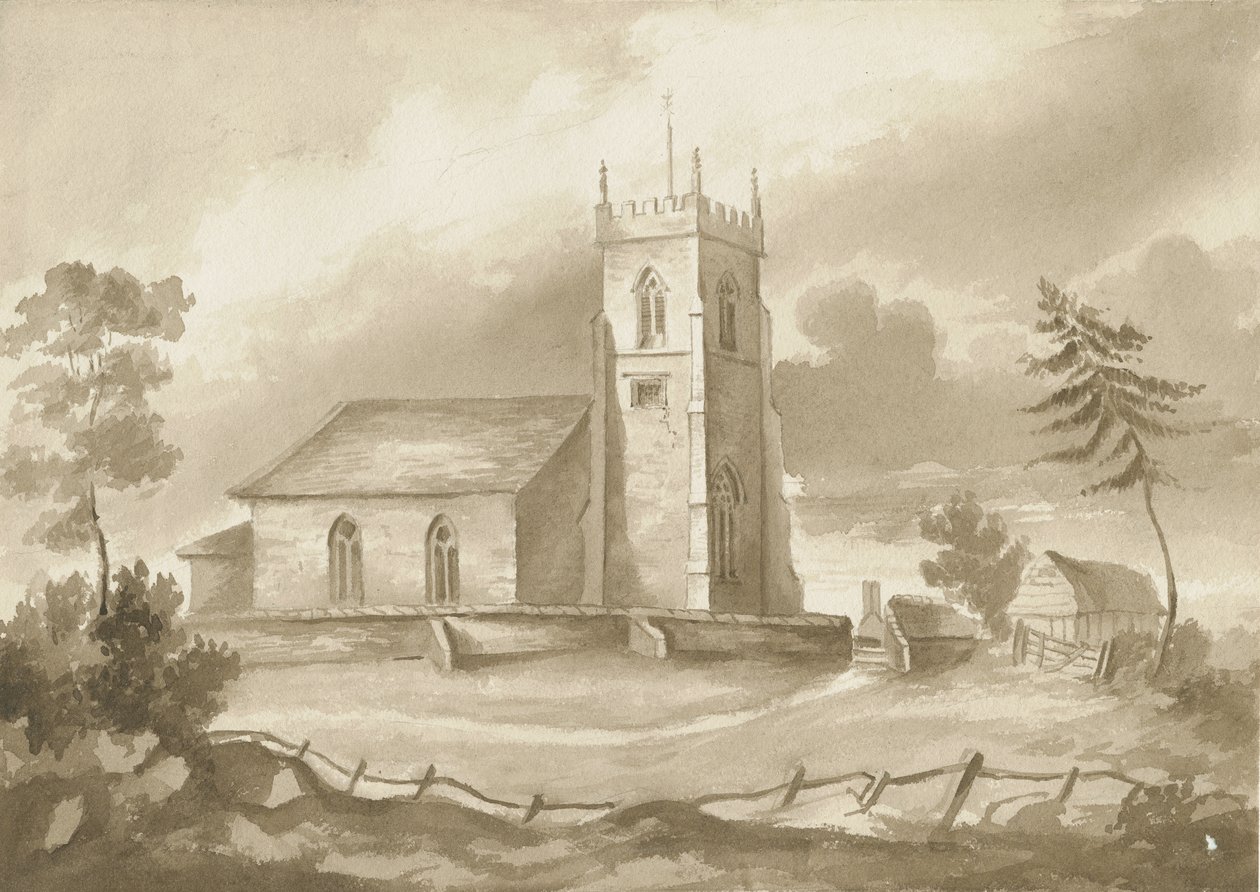Codsall Church: sepia tekening, nd [1844] door Henry James Noyes