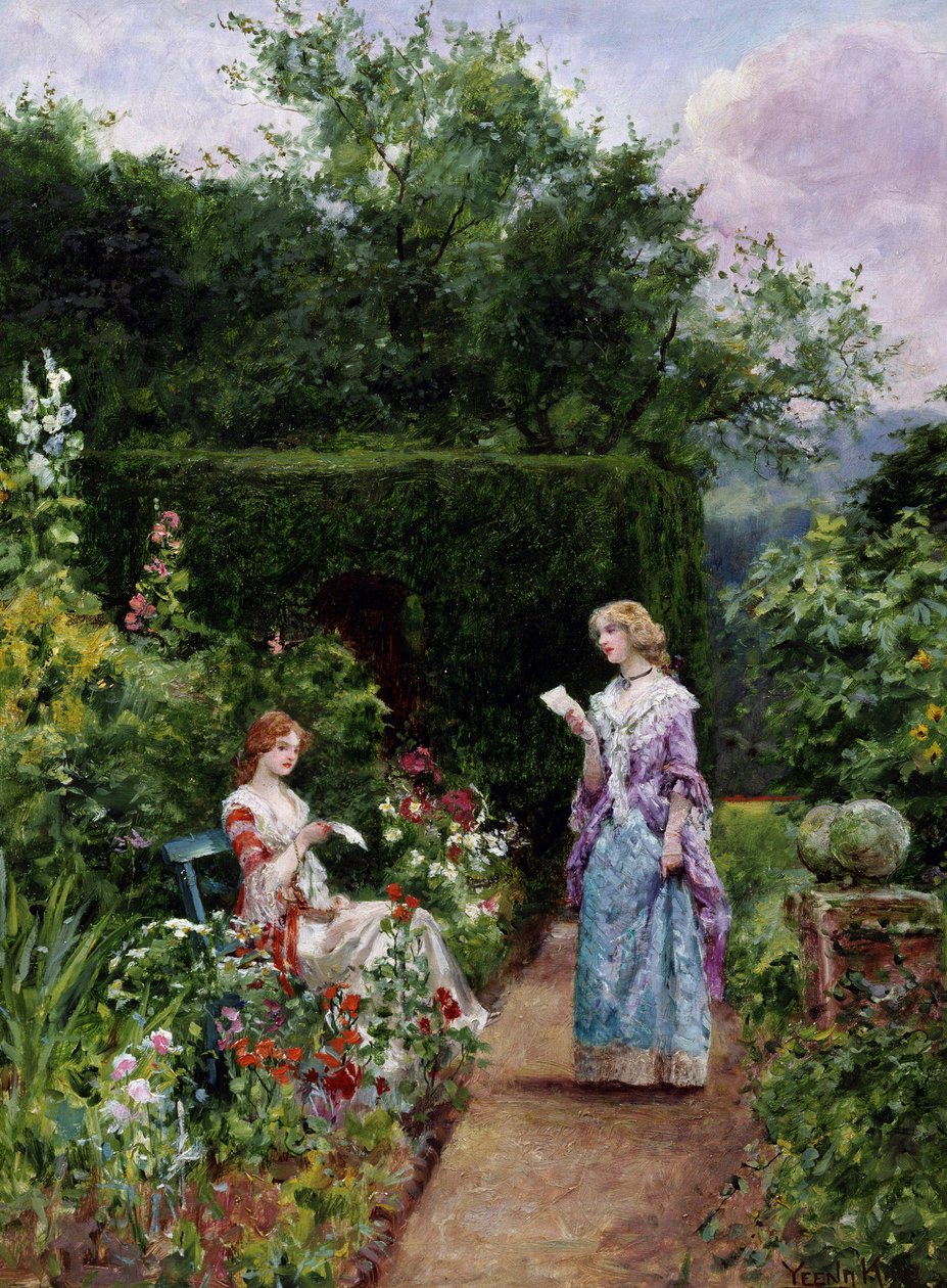 Nieuws uit het buitenland. Een jonge vrouw, zittend op een bankje in een tuin, luistert naar een andere vrouw die een brief voorleest. Schilderij van Henry John Yeend King (1855-1924). Privécollectie. door Henry John Yeend King