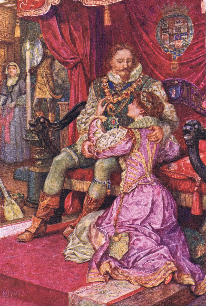 Amy onderzoekt de bevelen van de graaf van Leicester, illustratie uit Kenilworth, ca. 1910 door Henry Justice Ford