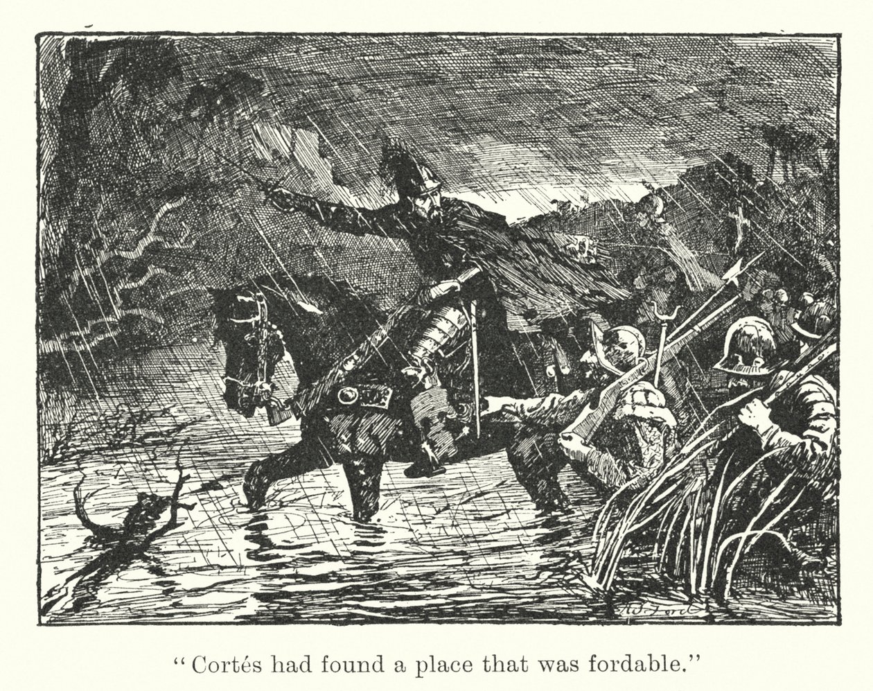 "Cortes had een doorwaadbare plaats gevonden" (gravure) door Henry Justice Ford