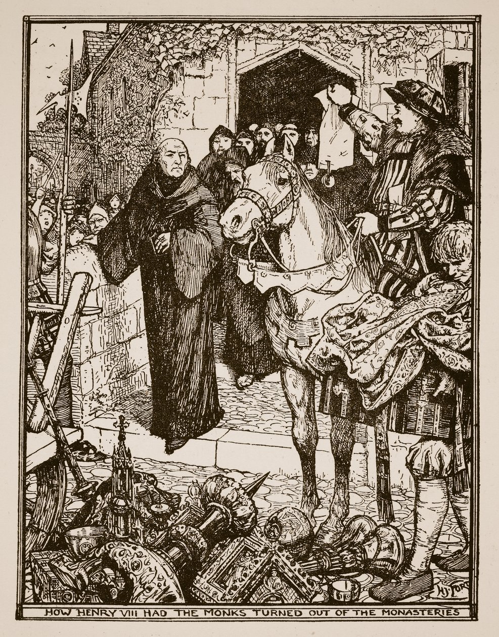 Hoe Hendrik VIII de monniken uit de kloosters zette, illustratie uit 
