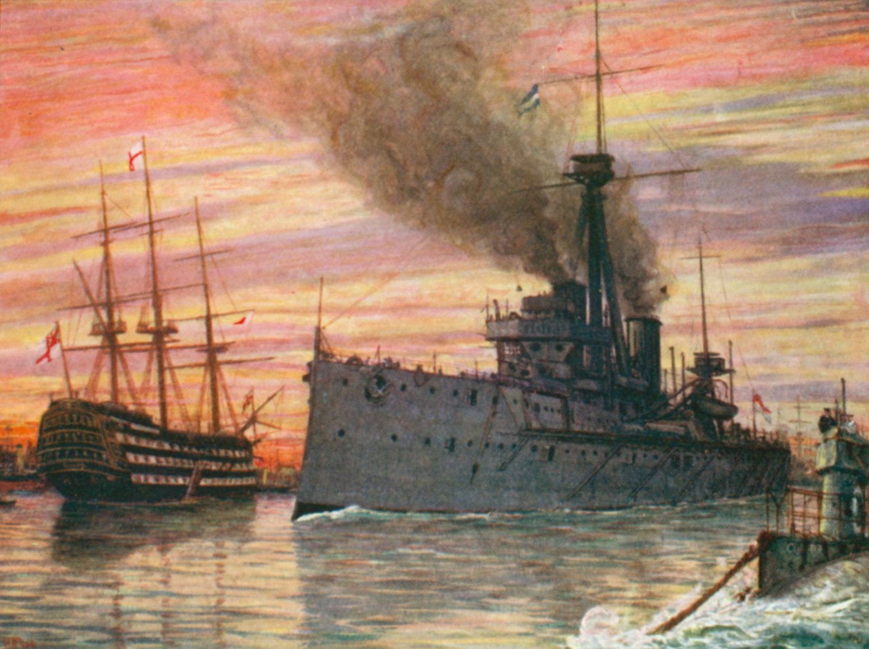 In de haven van Portsmouth in 1909, de "Dreadnought" en de "Victory" (kleurenlitho) door Henry Justice Ford
