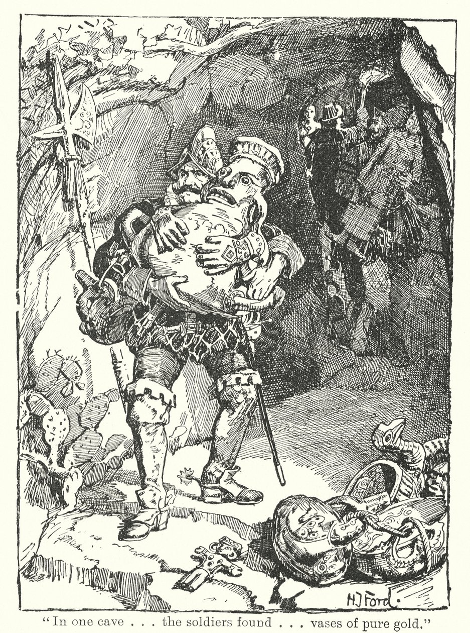 "In een grot. Vonden de soldaten. Vazen van puur goud" (litho) door Henry Justice Ford