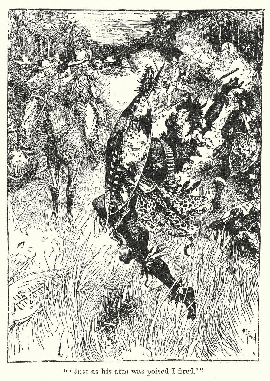 "Net toen zijn arm in evenwicht was, vuurde ik" (litho) door Henry Justice Ford