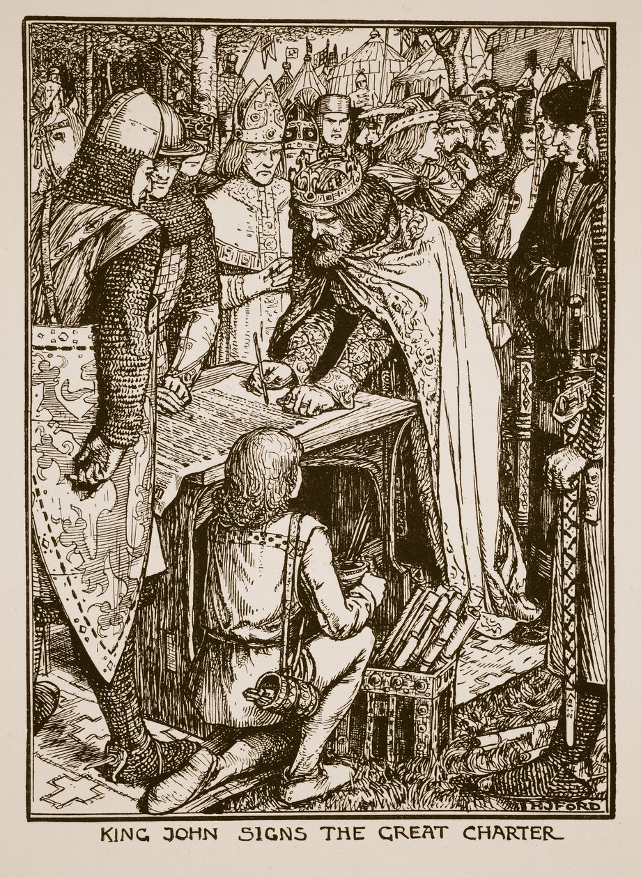Koning Jan ondertekent de Grote Oorkonde, illustratie uit 