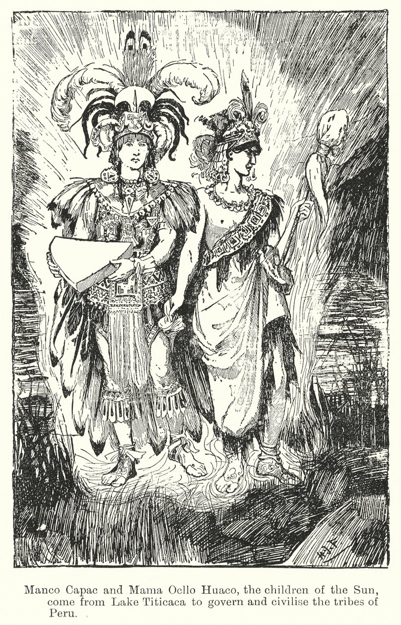 Manco Capac en Mama Ocllo Huaco, de kinderen van de Zon, komen van het Titicacameer om de stammen te regeren en te beschaven ... (litho) door Henry Justice Ford