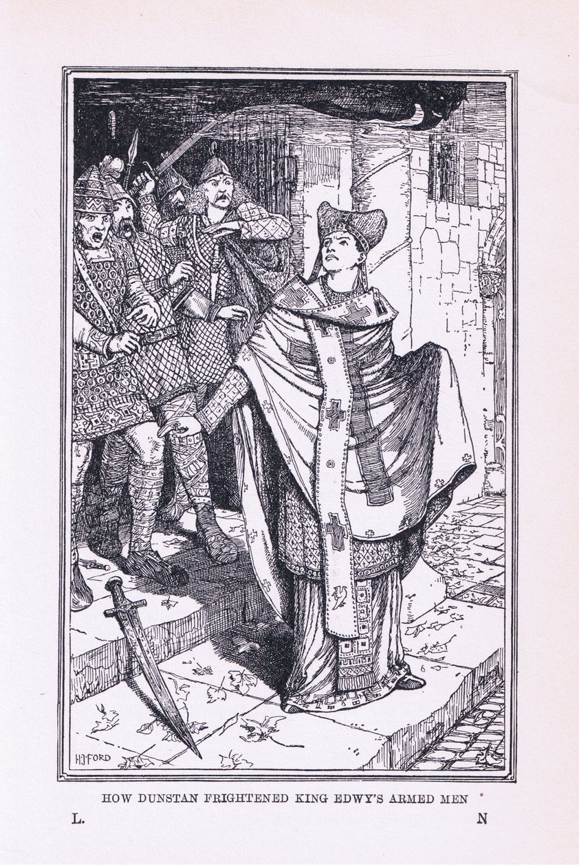 Sint Dunstan joeg de gewapende mannen van koning Edwy angst aan, 1912 door Henry Justice Ford