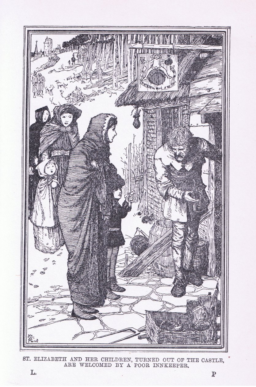 Sint Elizabeth en haar kinderen, uit het kasteel gezet en verwelkomd door de arme herbergier, 1912 door Henry Justice Ford