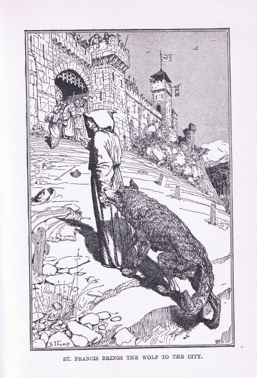 Sint Franciscus brengt de wolf naar de stad, 1912 door Henry Justice Ford