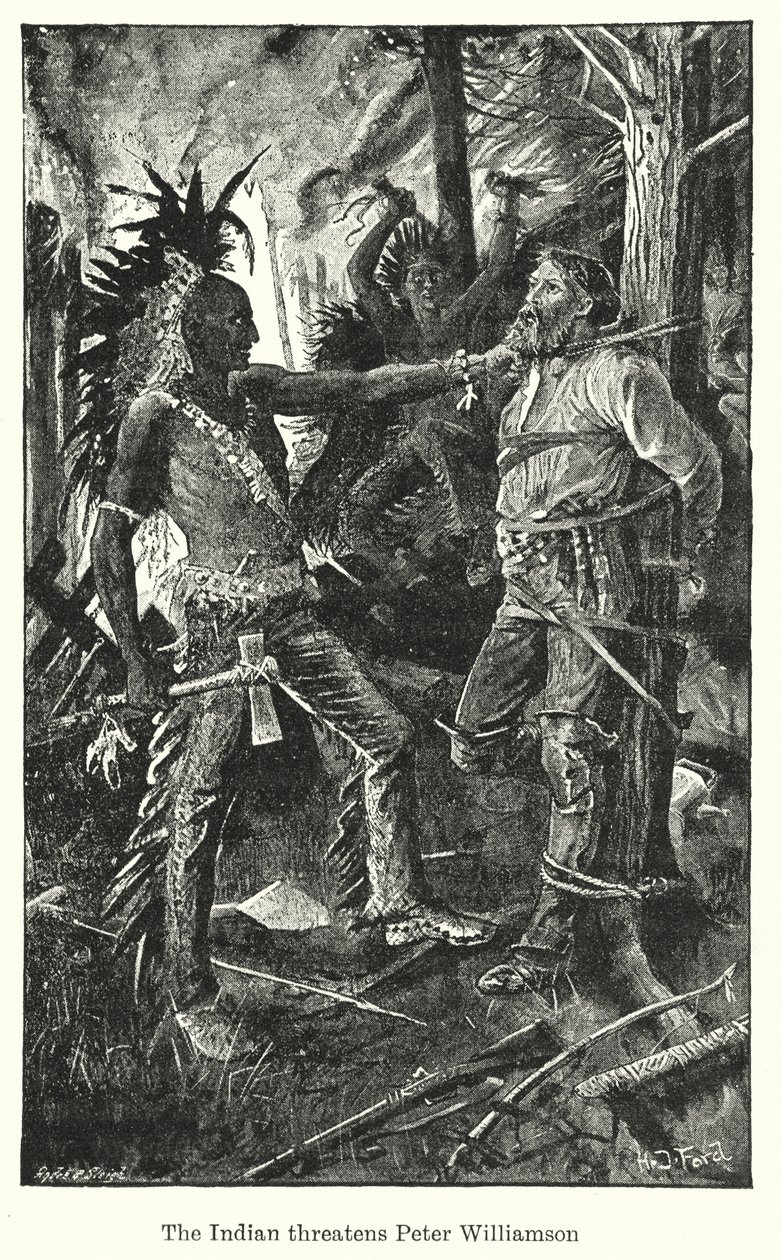 De Indiaan bedreigt Peter Williamson (litho) door Henry Justice Ford