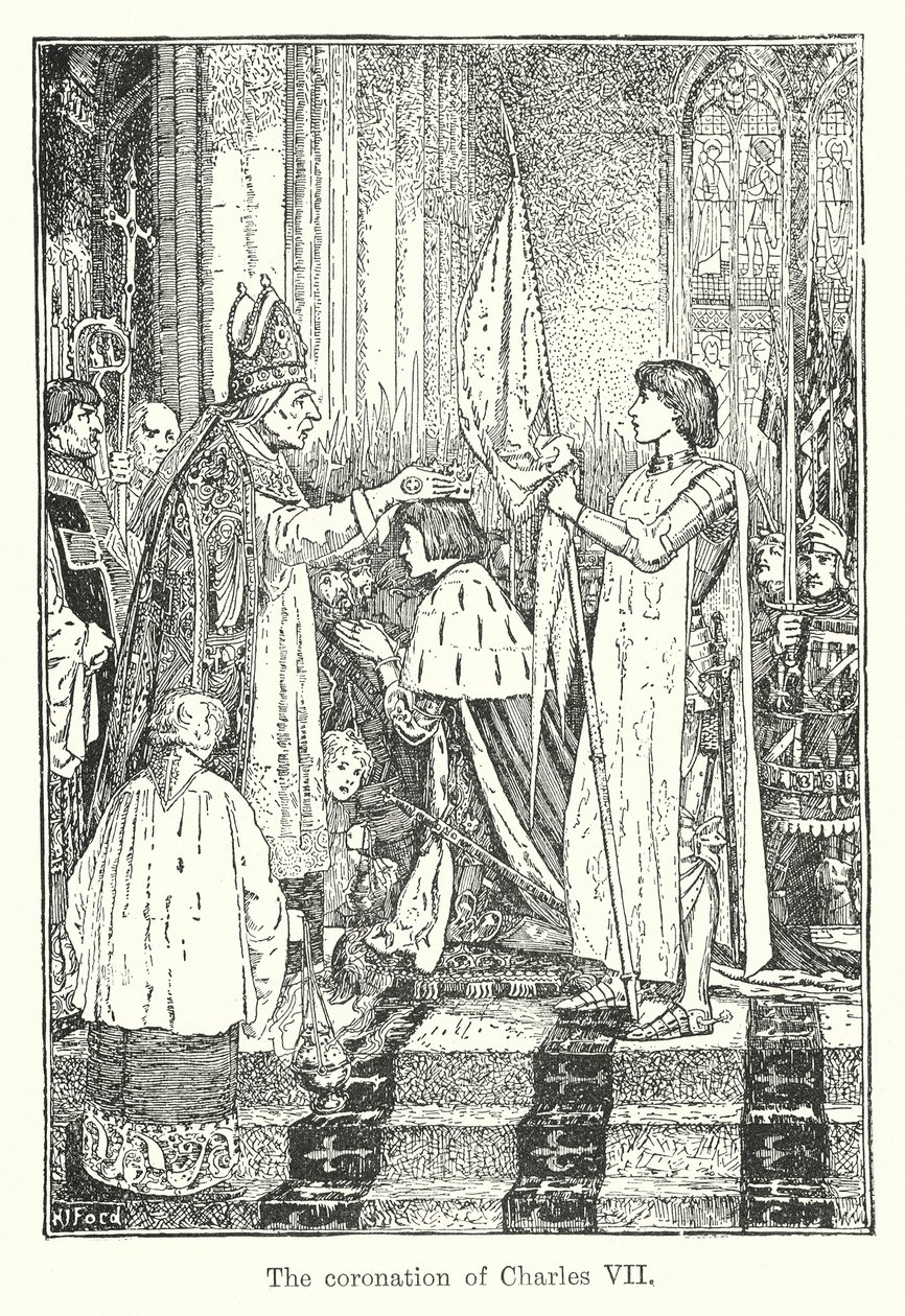 De kroning van Karel VII (litho) door Henry Justice Ford