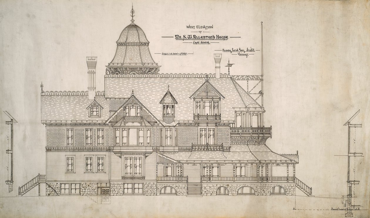 Huis voor de heer S.W. Allerton, Lake Geneva, Wisconsin: westelijke gevel door Henry Lord Gay