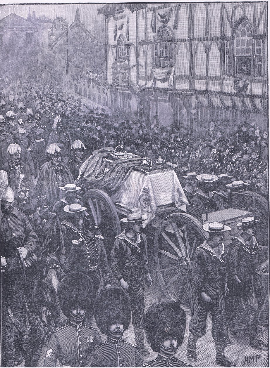 De begrafenis van de Koningin, de laatste fase, illustratie uit Cassells Geschiedenis van Engeland, 1900s door Henry Marriott Paget