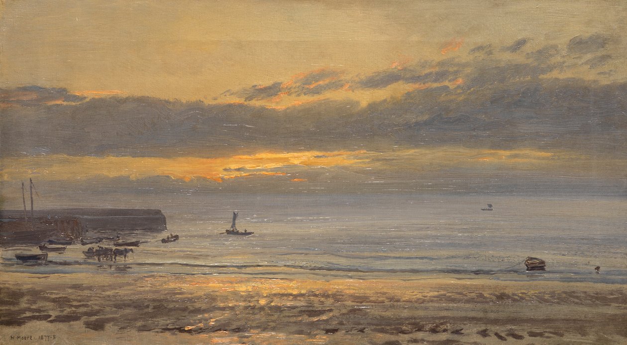 Voor zonsopgang, Scarborough - Laag water, 1878 door Henry Moore
