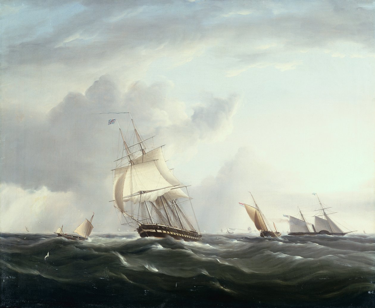 Een fregat, een peddelstoomboot en Nederlandse kleine vaartuigen in de Downs door Henry Moses