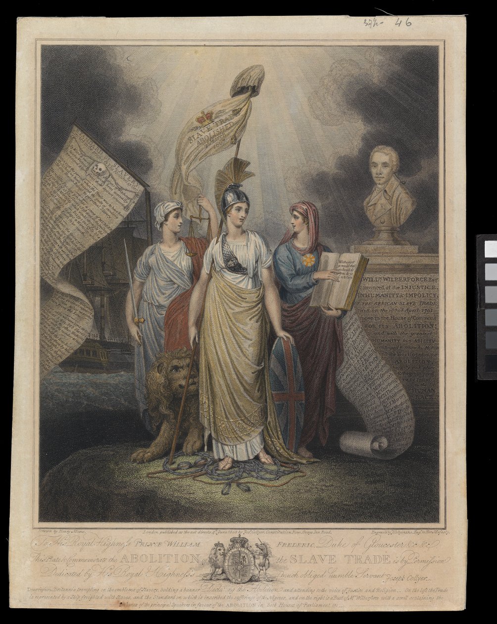 Plaat ter herdenking van de afschaffing van de slavenhandel, 4 juni 1808 (handgekleurde gravure) door Henry Moses