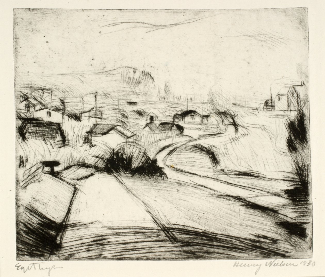 Landschap met weg en huizen door Henry Nielsen