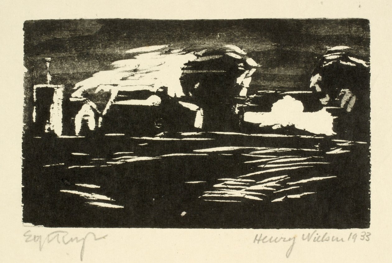 Donker landschap met bomen en huizen door Henry Nielsen