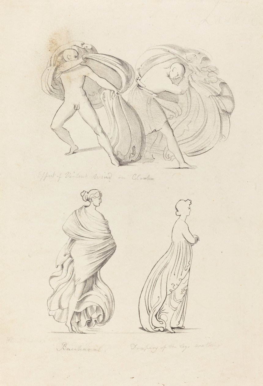Draperie, drie figuren, een Bacchante en twee uit de natuur door Henry Noel Humphreys after John Flaxman