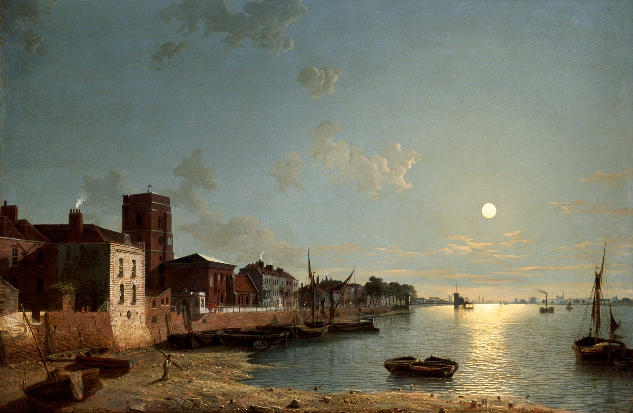 Cheyne Walk in Chelsea, bij Maanlicht, ca. 1850 door Henry Pether