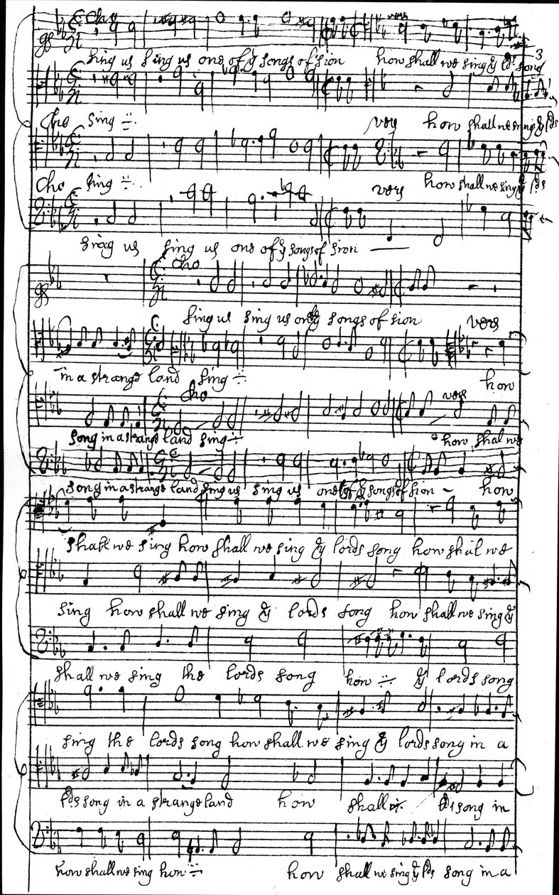 Handschrift van de partituur voor Psalm 137 Hoe zullen we het lied van de Heer zingen in een vreemd land, voor 1683 door Henry Purcell
