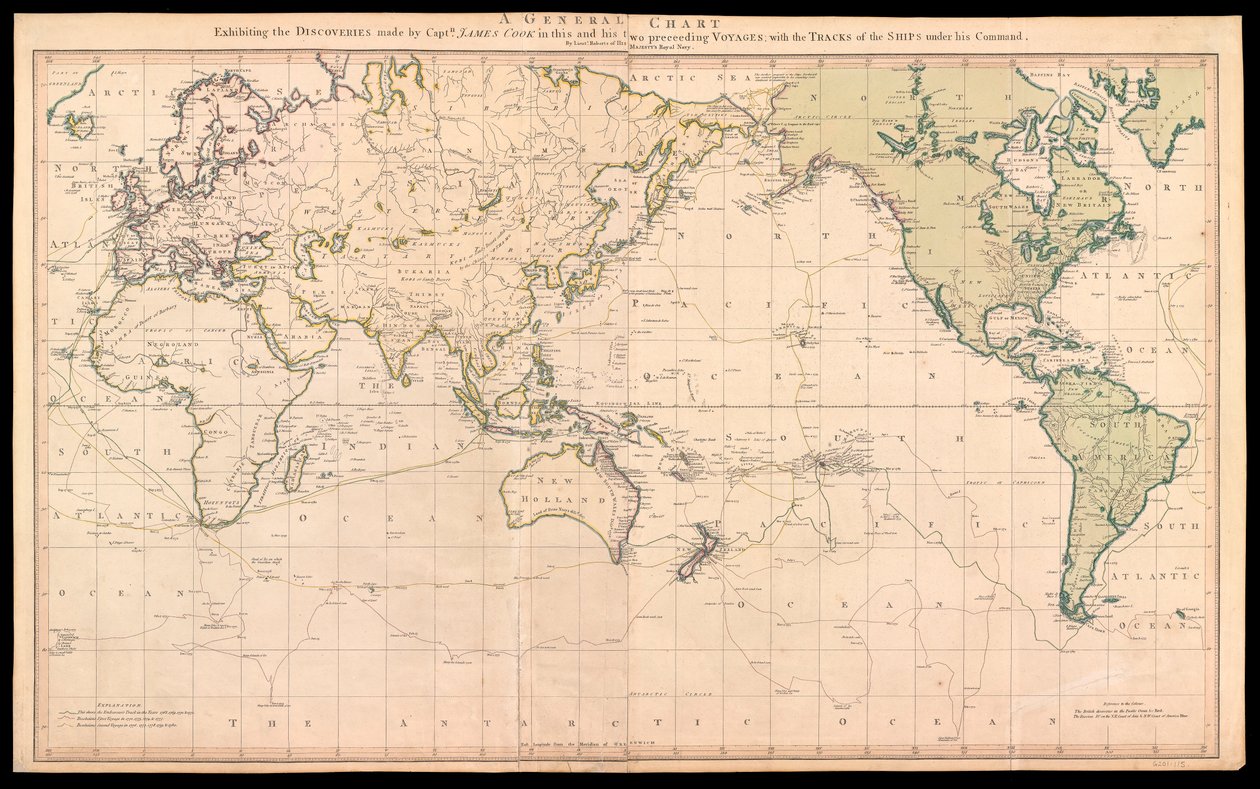 Een algemene kaart met de ontdekkingen van Kapitein James Cook in deze en zijn twee voorgaande reizen met de routes van de schepen onder zijn bevel door Henry Roberts