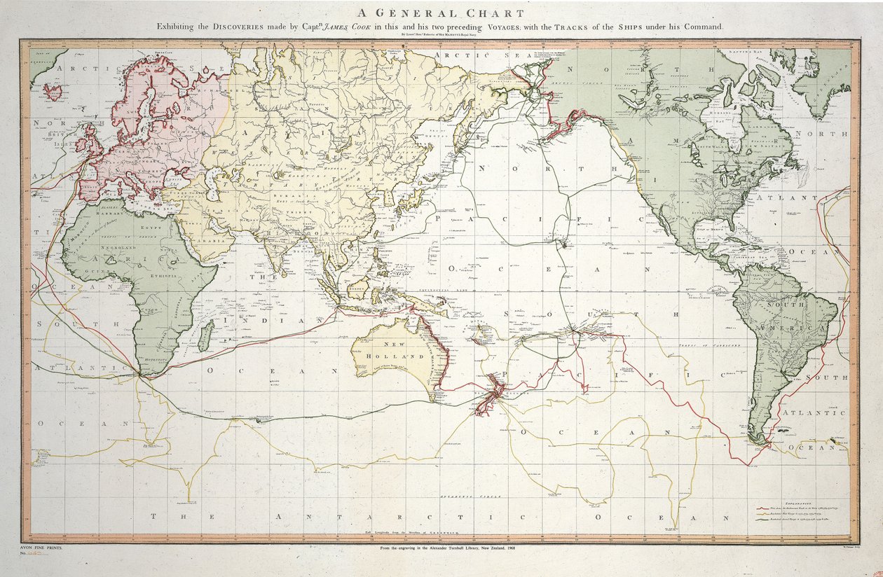Algemene kaart met de ontdekkingen van kapitein James Cook in deze en zijn twee voorgaande reizen met de routes van de schepen onder zijn bevel. Door luitenant Roberts van de Koninklijke Marine door Henry Roberts