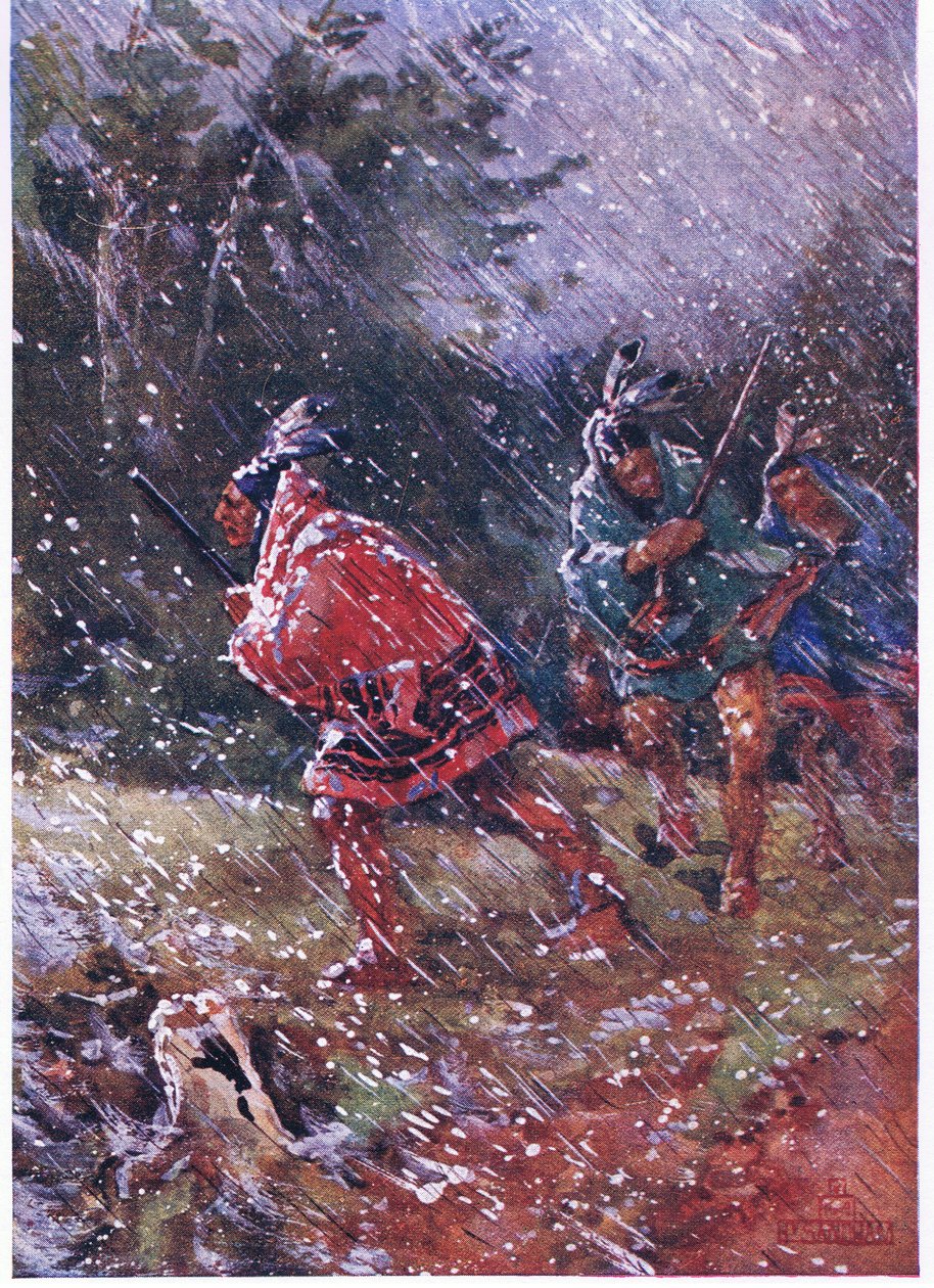 Rode Indianen jagen in een sneeuwstorm door Henry Sandham