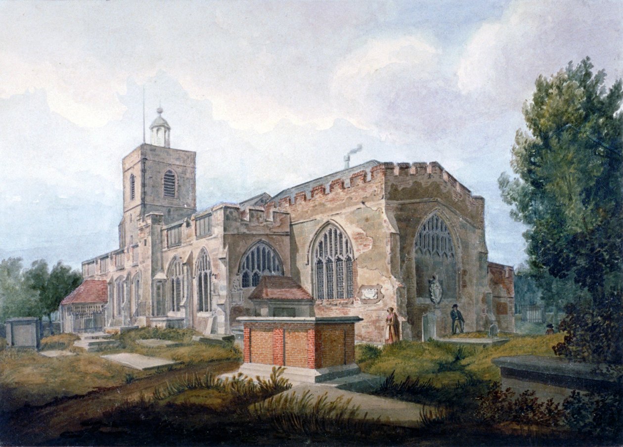 Zuidoostelijk Uitzicht op de Kerk van St. Dunstan, Stepney, Londen, ca. 1820 door Henry Sass