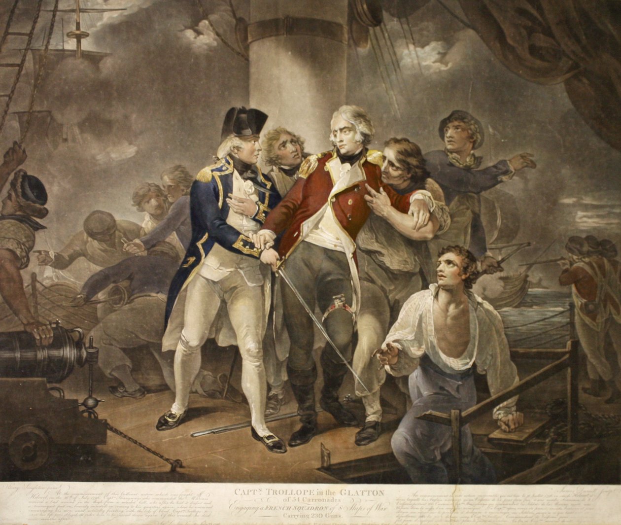 Kapitein Trollope in de Glatton van 54 carronades in gevecht met een Frans squadron van 8 oorlogsschepen met 230 kanonnen, gegraveerd door James Daniell, 1797 door Henry Singleton