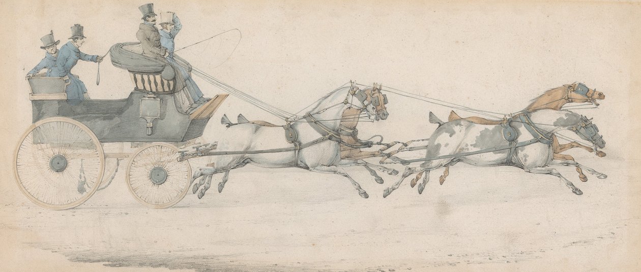 Een heer bestuurt een vierspan voor een postphaëton, vergezeld door drie stalknechten door Henry Thomas Alken