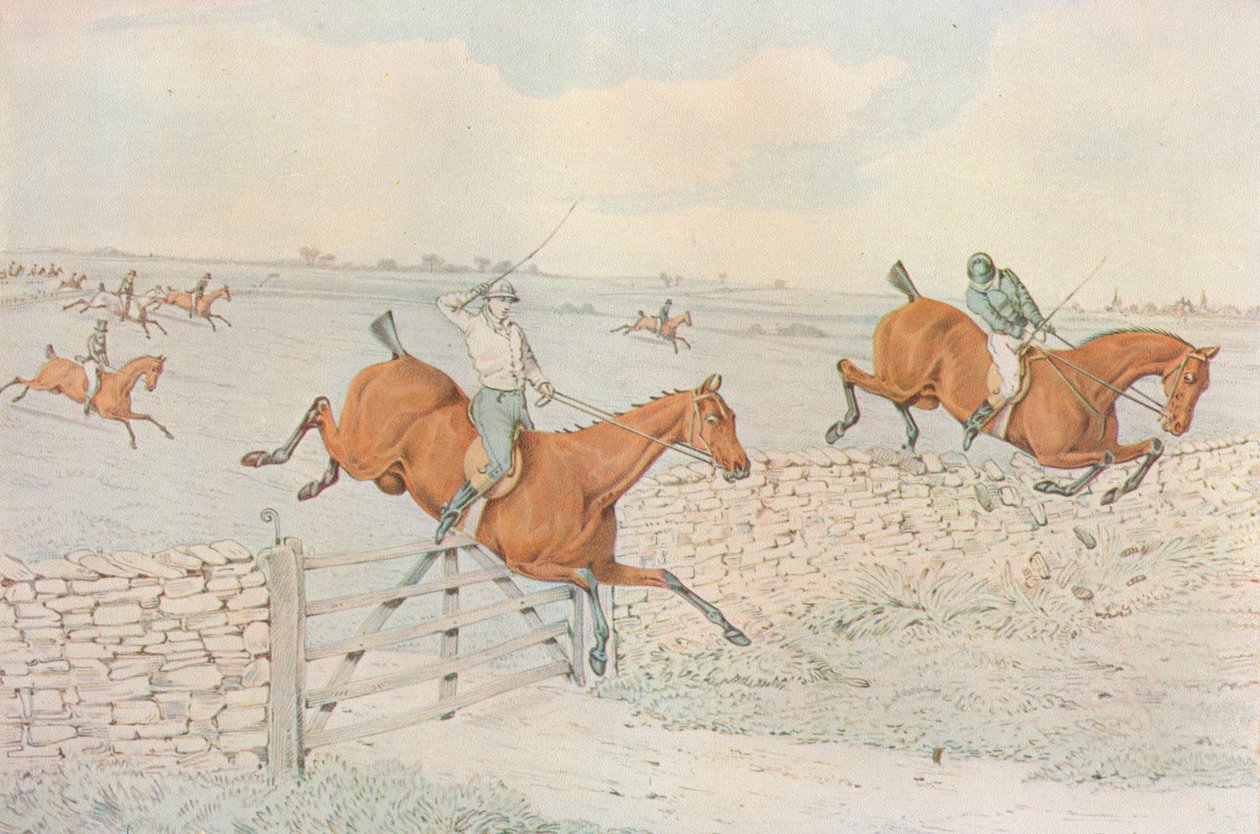 Een Steeplechase: Een klap tegen een stenen omheining. 5 tegen 4 op wit, 1827 door Henry Thomas Alken