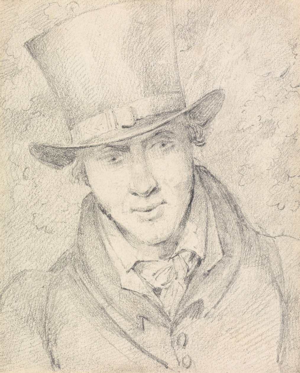 Zelfportret, en face naar rechtsonder kijkend, met hoge hoed door Henry Thomas Alken