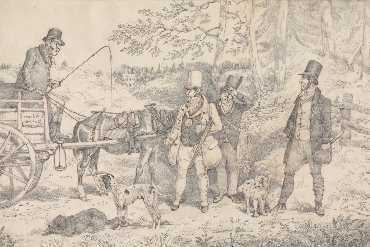 "Sportieve anekdotes:" Tekening voor de zachtgrondets "De sportieve slager" door Henry Thomas Alken