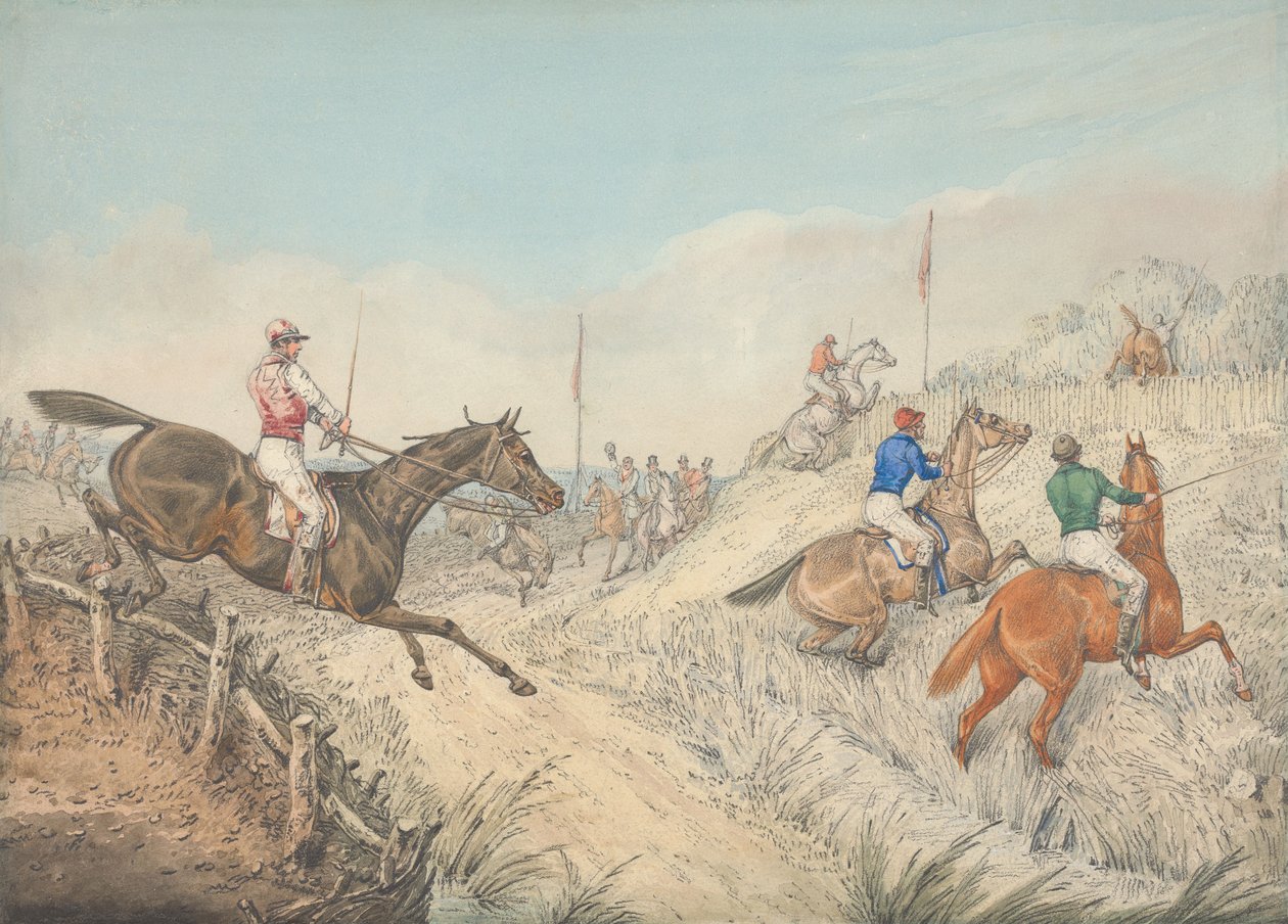 Steeplechase: De deelnemers springen in en uit hun baan door Henry Thomas Alken