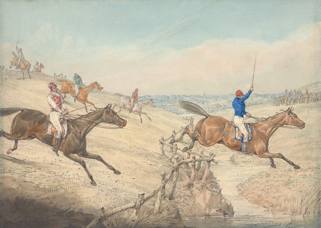 Hindernisrennen: het veld neemt een lage hindernis en een beek door Henry Thomas Alken
