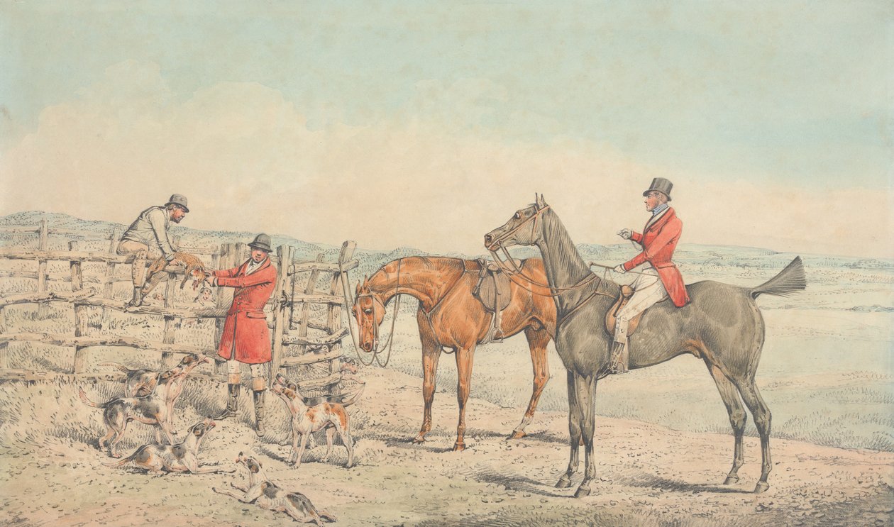 De dood: De vos die tegen een hek wordt getrokken door Henry Thomas Alken