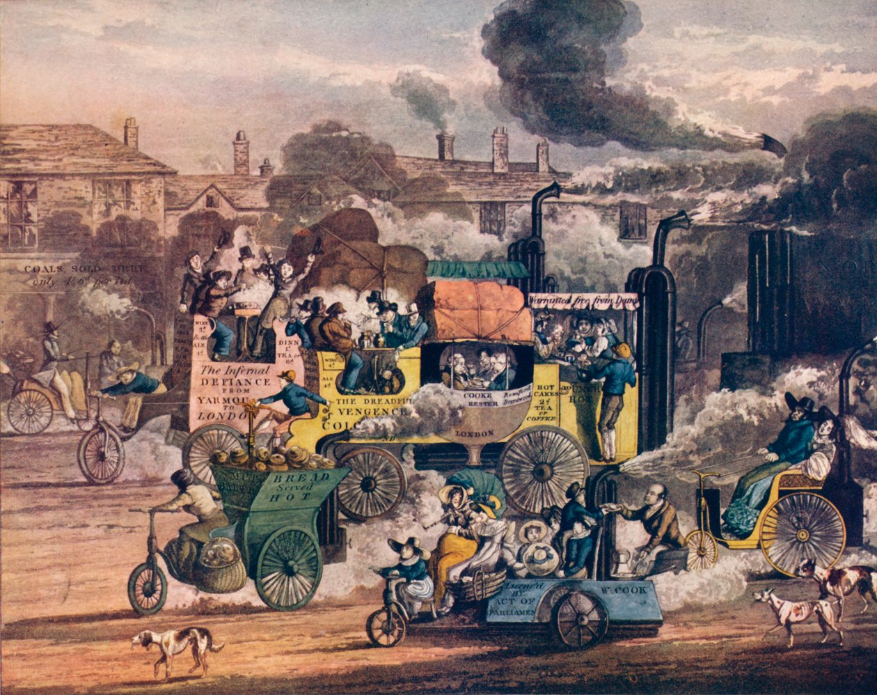 De Vooruitgang van Stoom - Een uitzicht in White Chapel Road, 1905 door Henry Thomas Alken