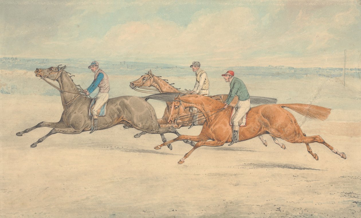 Drie renpaarden met jockeys die in een groep naar links galopperen door Henry Thomas Alken
