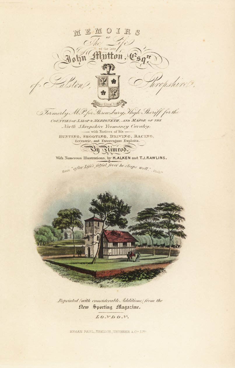 Titelpagina met kalligrafische titel en vignette van Engelse Tudor door Henry Thomas Alken