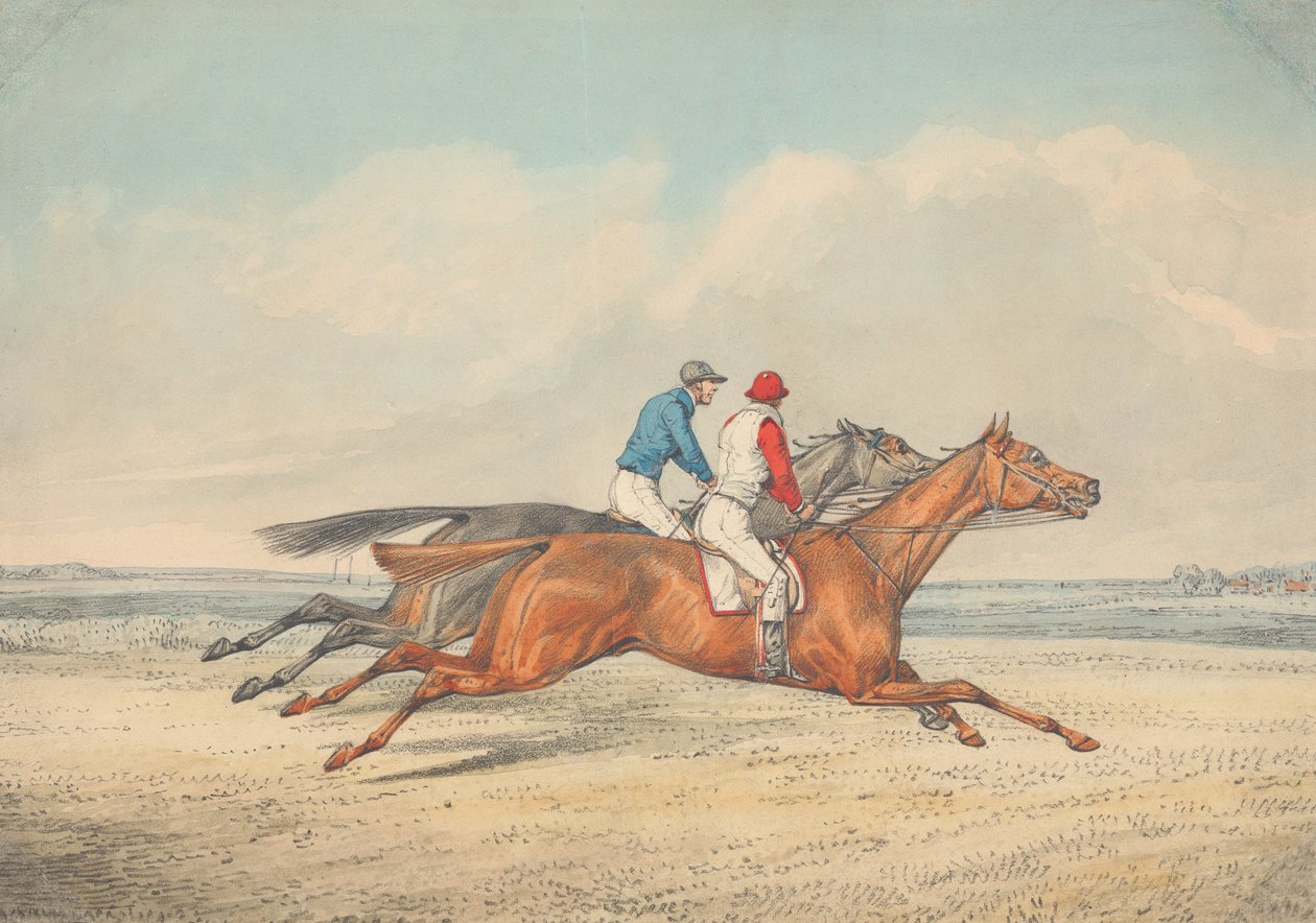 Twee jockeys galopperen nek aan nek naar rechts door Henry Thomas Alken
