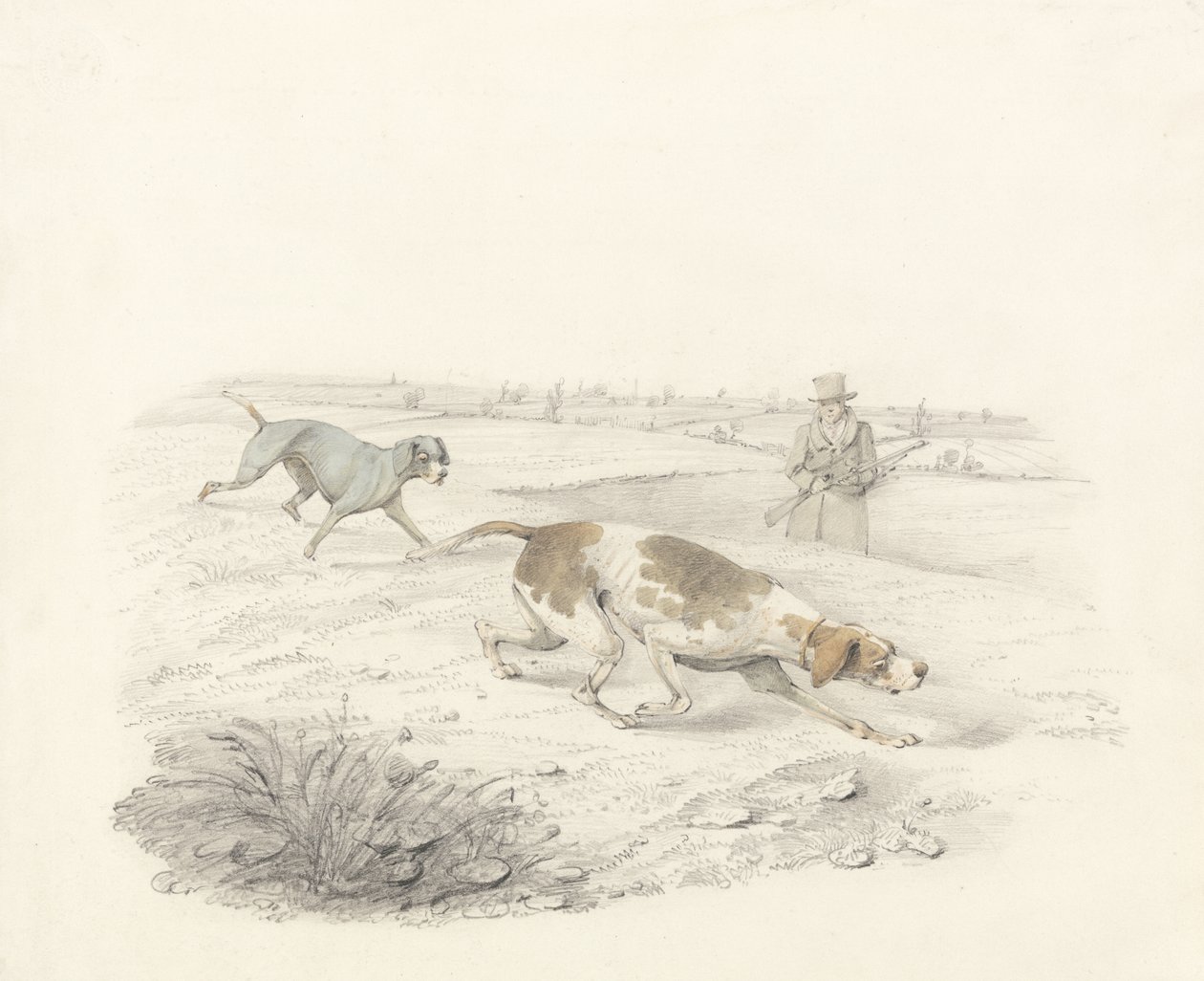 Twee Pointers, naar rechts gericht met een sportman (grafiet en aquarel op papier) door Henry Thomas Alken