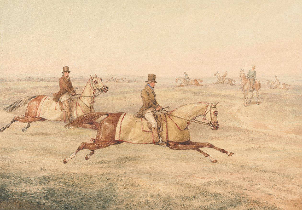 Twee ruiters die paarden in galop trainen door Henry Thomas Alken