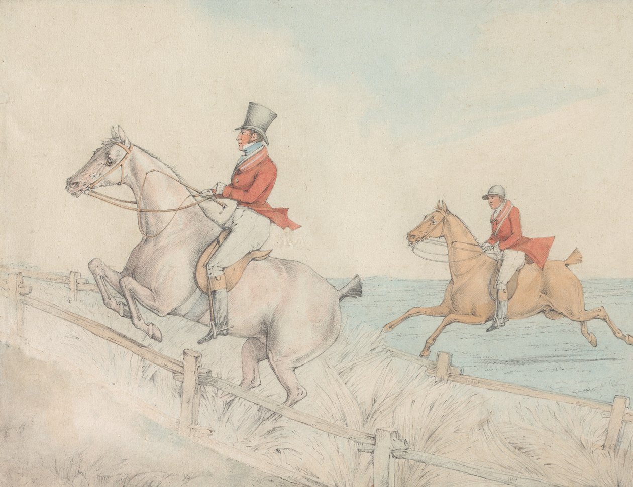 Twee ruiters nemen een dubbele hindernis door Henry Thomas Alken