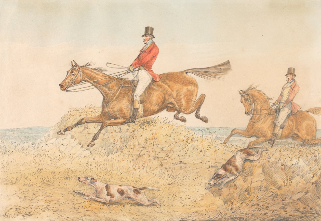 Twee ruiters en een paar jachthonden die over een muur springen door Henry Thomas Alken