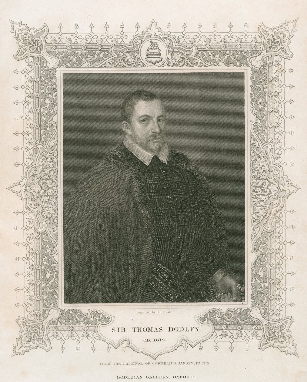 Portret van Sir Thomas Bodley (1545-1613) (gravure) door Henry Thomas Ryall