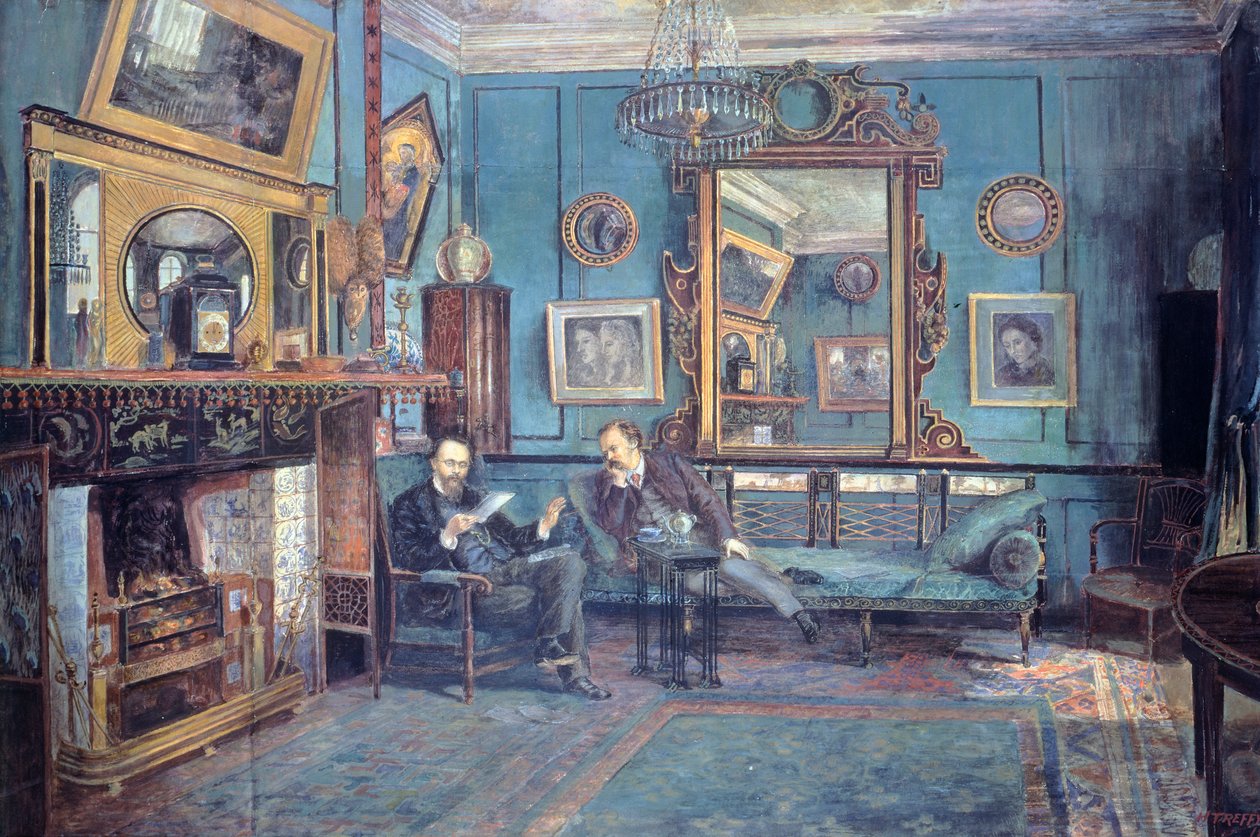 Dante Gabriel Rossetti leest gedicht voor aan Theodore Watts-Dunton in de woonkamer door Henry Treffry Dunn
