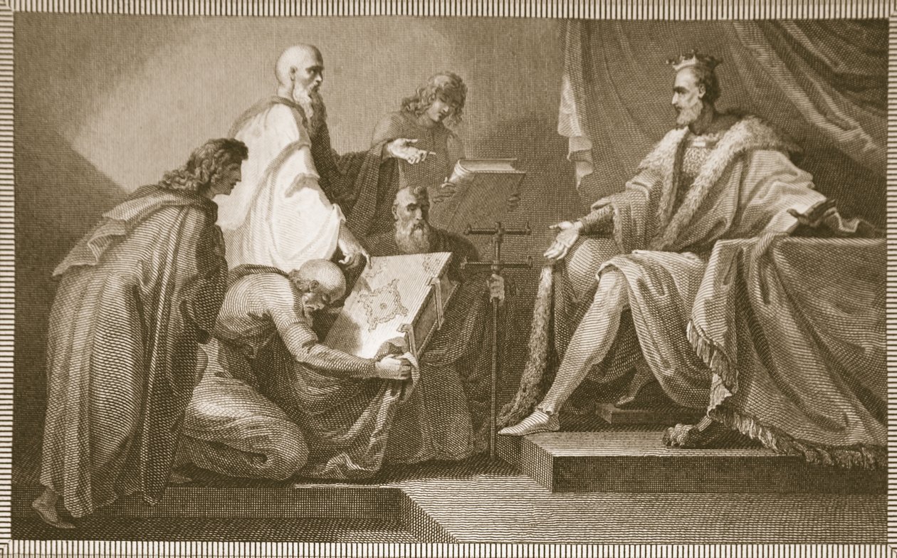 Doomsday Book gepresenteerd aan Willem I, gegraveerd door J. Fittler, illustratie uit David Hume