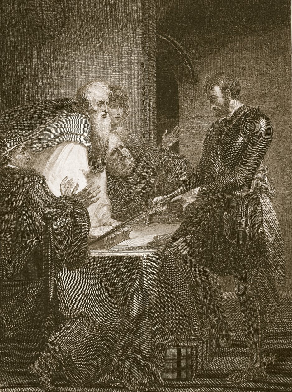 Earl Warenne rechtvaardigt de titels van zijn landgoederen, gegraveerd door J. Fittler, illustratie uit David Hume